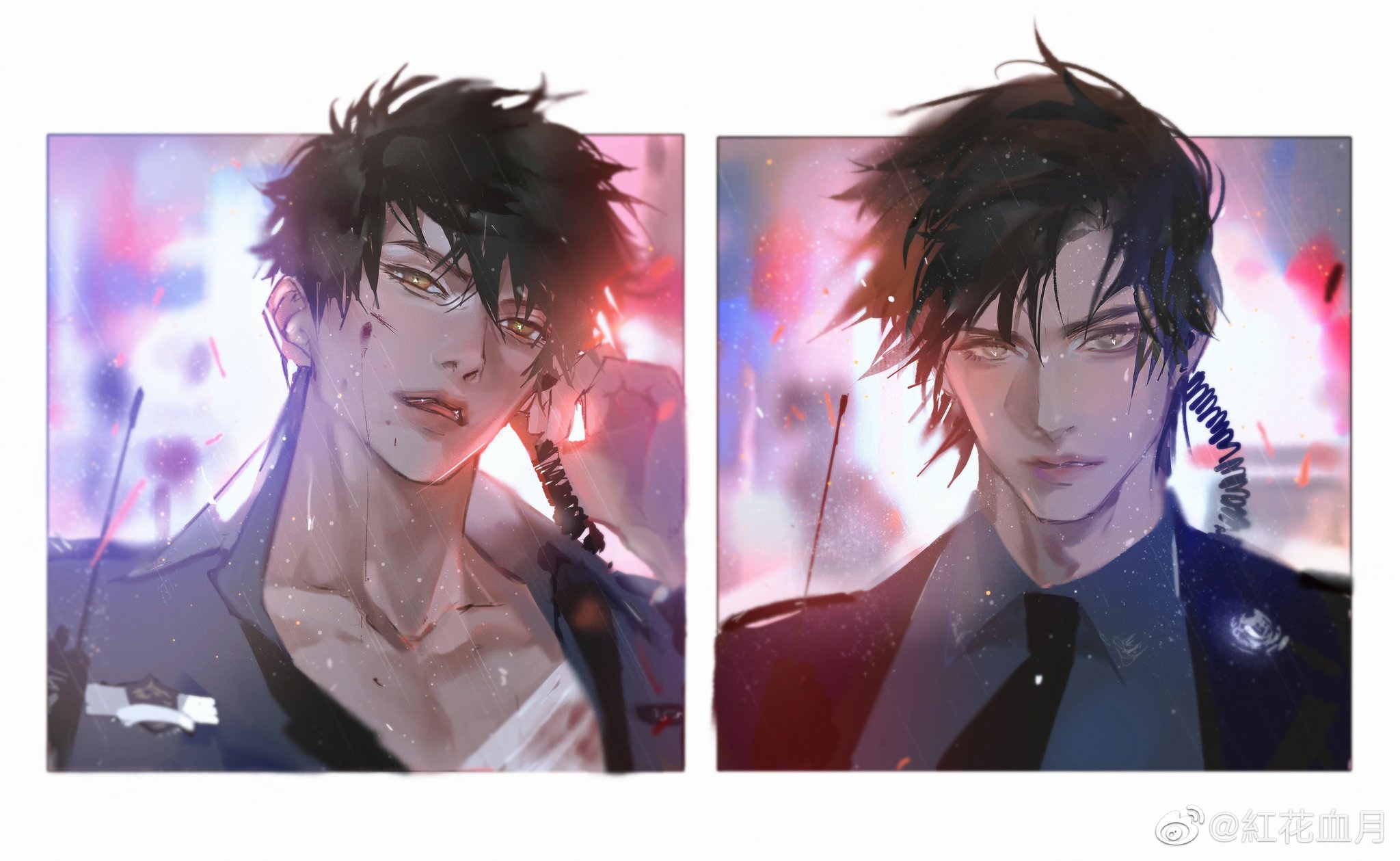 two portrait illustrations of the same male anime character are displayed sidebyside. on the left, the character appears disheveled, with his shirt partially unbuttoned, revealing bandages and scars on his chest. he holds a phone to his ear and sports an intense, slightly pained expression, his red eyes wide. a dark scar runs across his left eye. the background suggests a chaotic, neonlit urban environment. on the right, the character is impeccably dressed in a formal uniform, presumably a police uniform, with a neatly knotted tie. he exudes an air of cool confidence, his red eyes narrowed slightly. the background here also hints at an urban setting but is less chaotic, bathed in a more diffused red light.