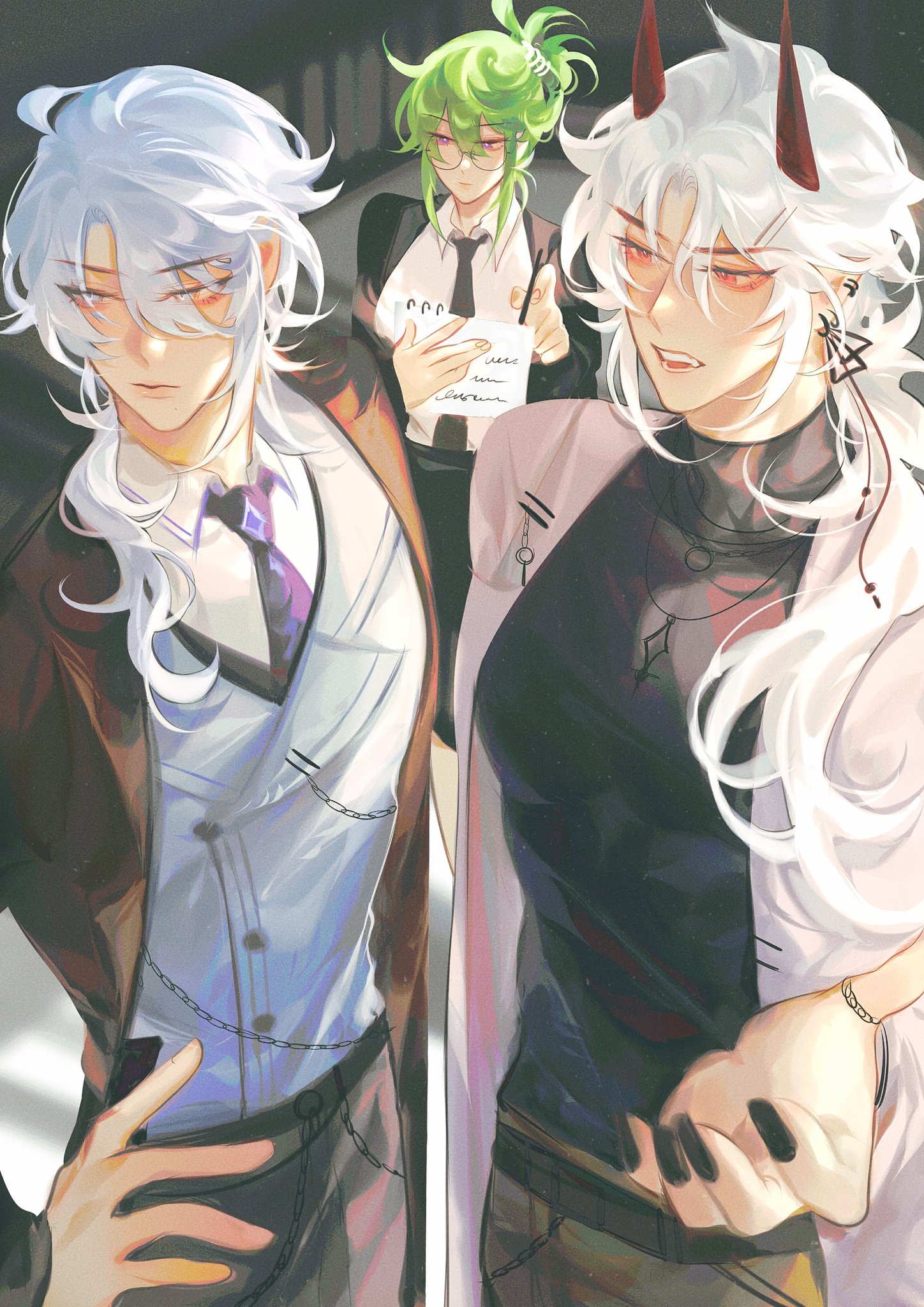 the image is a digital painting or illustration featuring three animestyle characters. two are male and one is female. the male character on the left has long, silver hair and is dressed in a brown suit over a lightcolored shirt and dark purple tie.  he has a serious but somewhat soft expression. the male character on the right has long, white hair with devillike horns and is wearing a lightcolored coat over a dark top. he has a more sly, almost mischievous expression. the female character is in the background, with short, bright green hair, and is dressed in a dark suit. she is holding a notepad, suggesting she might be a secretary or assistant.  the style is highly detailed and expressive, with a focus on the characters' clothing and facial features. the overall atmosphere is one of professional setting, possibly a workplace, but with a sense of intrigue and possibly a complex relationship between the characters.