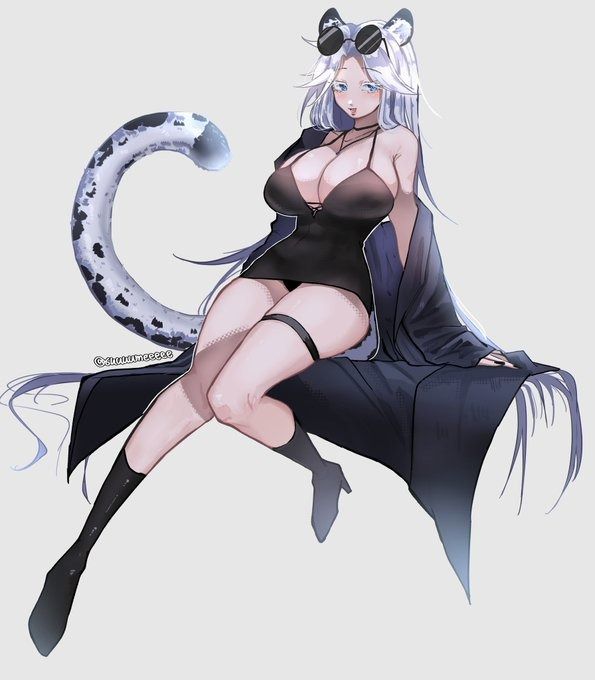 he image is a digital painting or illustration of an animestyle female character. she has long, white hair, cat ears, and sunglasses. she's wearing a short, black dress, thighhigh stockings, and boots. she has a snow leopard tail and is sitting in a stylish pose. the art style is elegant and slightly suggestive. the background is simple and light gray.