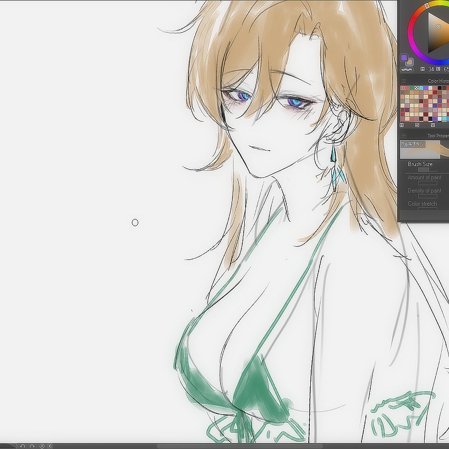 a digital drawing of a young woman with long blonde hair and blue eyes. she is wearing a green kimono that reveals cleavage. the image appears to be a work in progress as there are various tools and brushes open in the interface. the art is rendered in a anime/manga style.