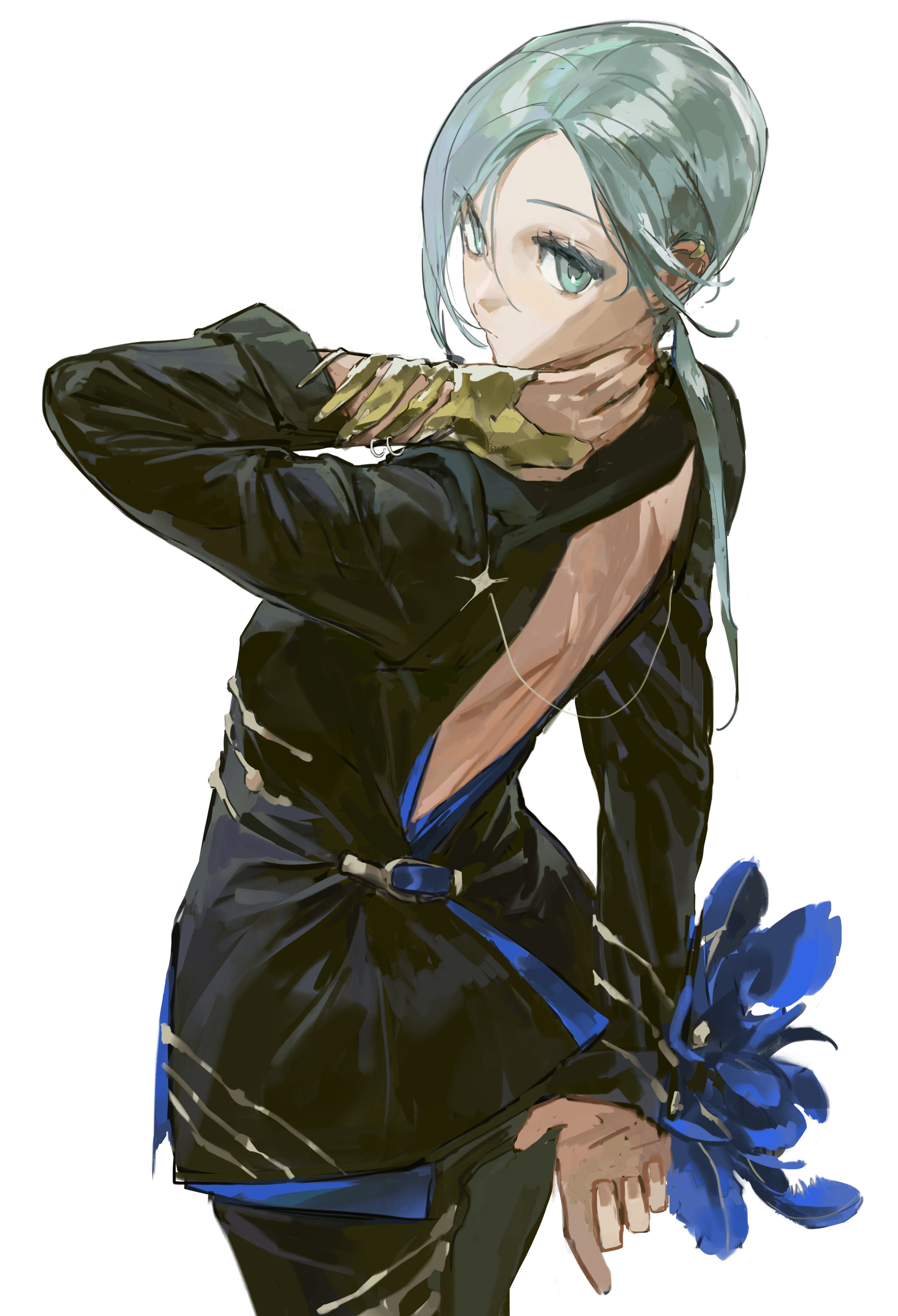 the image is a digital painting or illustration of a stylized anime or mangastyle female character. she has teal or light blue hair styled in a sleek updo with a loose strand falling down her neck. she's wearing a black jacket with gold detailing and blue accents, that's open at the back, revealing a hint of a blue undershirt.  she has on goldcolored accessories on her arms and a blue feathered adornment near one wrist. her pose is dynamic, looking over her shoulder with one hand at her neck. the overall style is elegant and fashionable, with a slightly mysterious and alluring atmosphere. the background is plain white, emphasizing the figure.