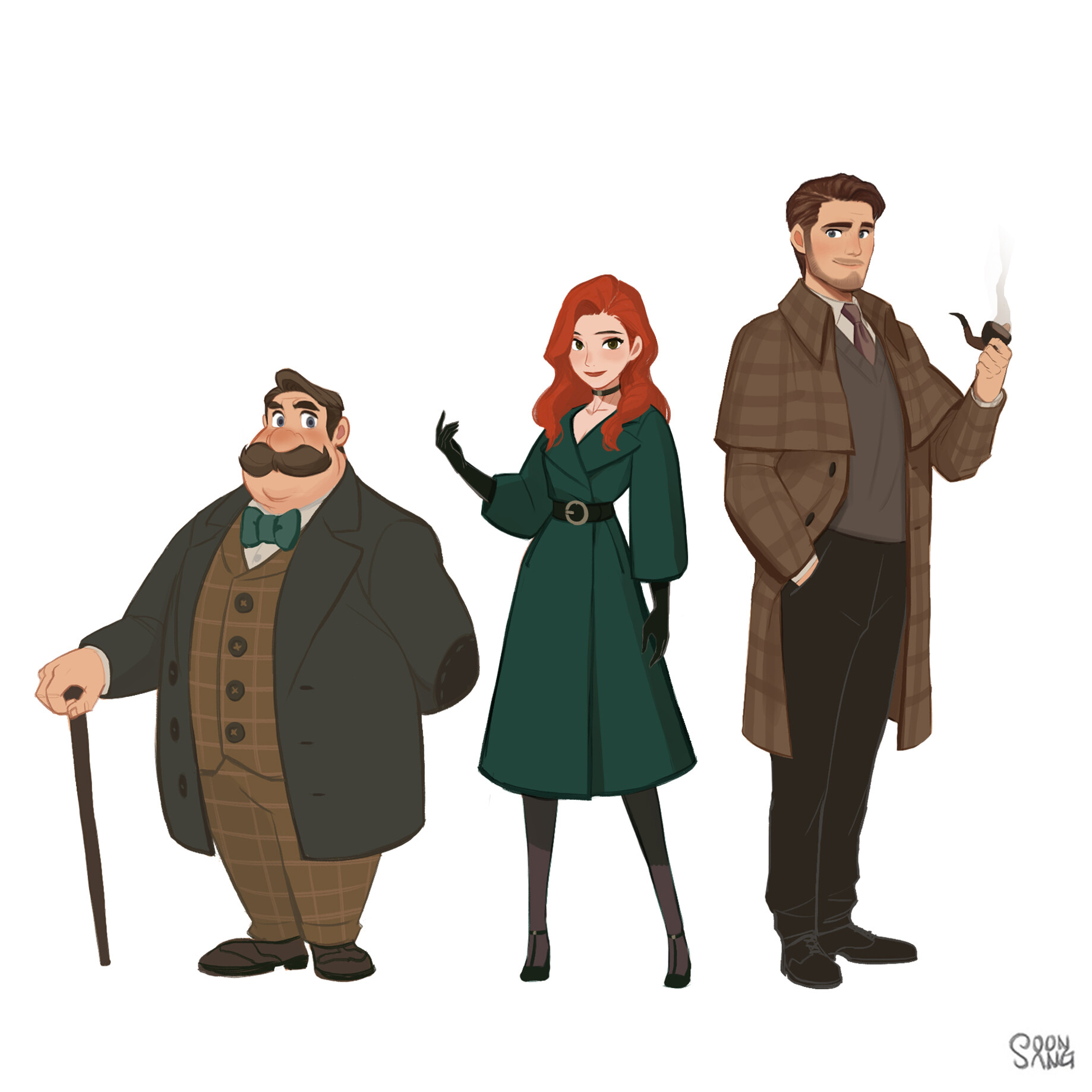 three characters are depicted in a stylized illustration, possibly inspired by the aesthetics of mystery novels or films set in the early 20th century. the characters are dressed in fashion reminiscent of the 1920s or 1930s, with the woman wearing a stylish green dress and the men in suits and overcoats. the man on the right holds a pipe, further adding to the classic detective imagery.