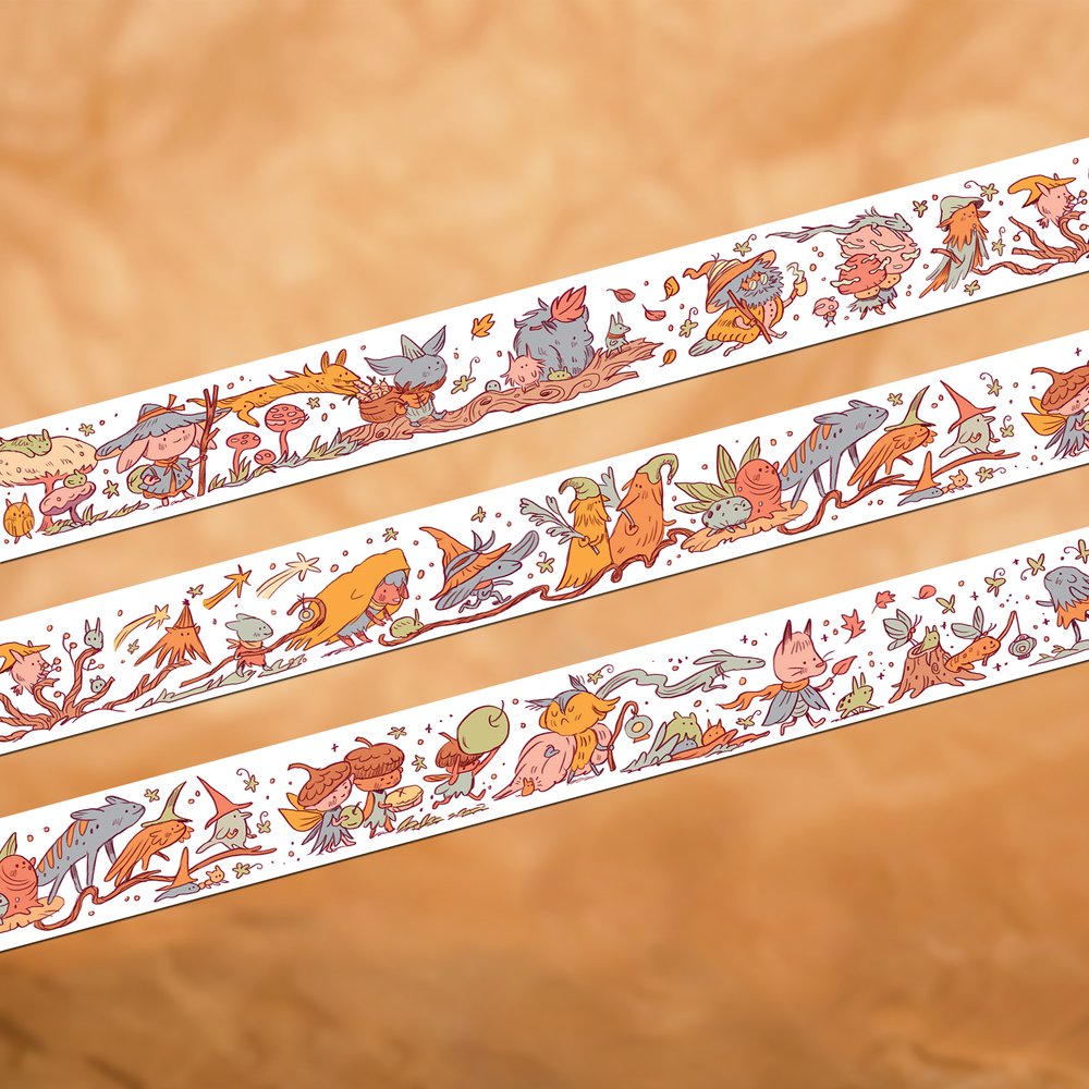 the image showcases three parallel strips of washi tape featuring a charming, autumnal design.  each strip displays a continuous pattern of whimsical woodland creatures, including gnomes, witches, animals (like foxes and cats), and mushrooms. they are depicted in a cute, cartoonish style with warm, earthy color palettes of oranges, browns, and muted blues. the background of the image is a blurry, light brown, suggesting a parchment or natural background. the washi tape is presented at an angle against this backdrop, highlighting its design and texture. the overall aesthetic is magical, whimsical, and autumnal, ideal for crafting or decorative purposes.