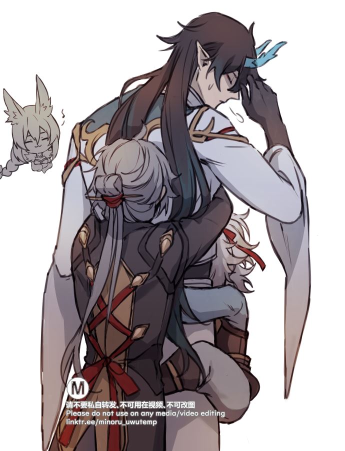 the image is a digital art piece depicting a scene from the popular video game genshin impact.  the image features two male characters,  xiao and venti,  in a romantic embrace.  xiao, a tall, darkhaired character,  is holding venti, a shorter, lighterhaired character,  close to him. both are smiling and appear to be enjoying each other's company.  the background is simple, but the image is wellcomposed, with the characters taking up most of the frame. overall, the image is a sweet and heartwarming depiction of love and affection.