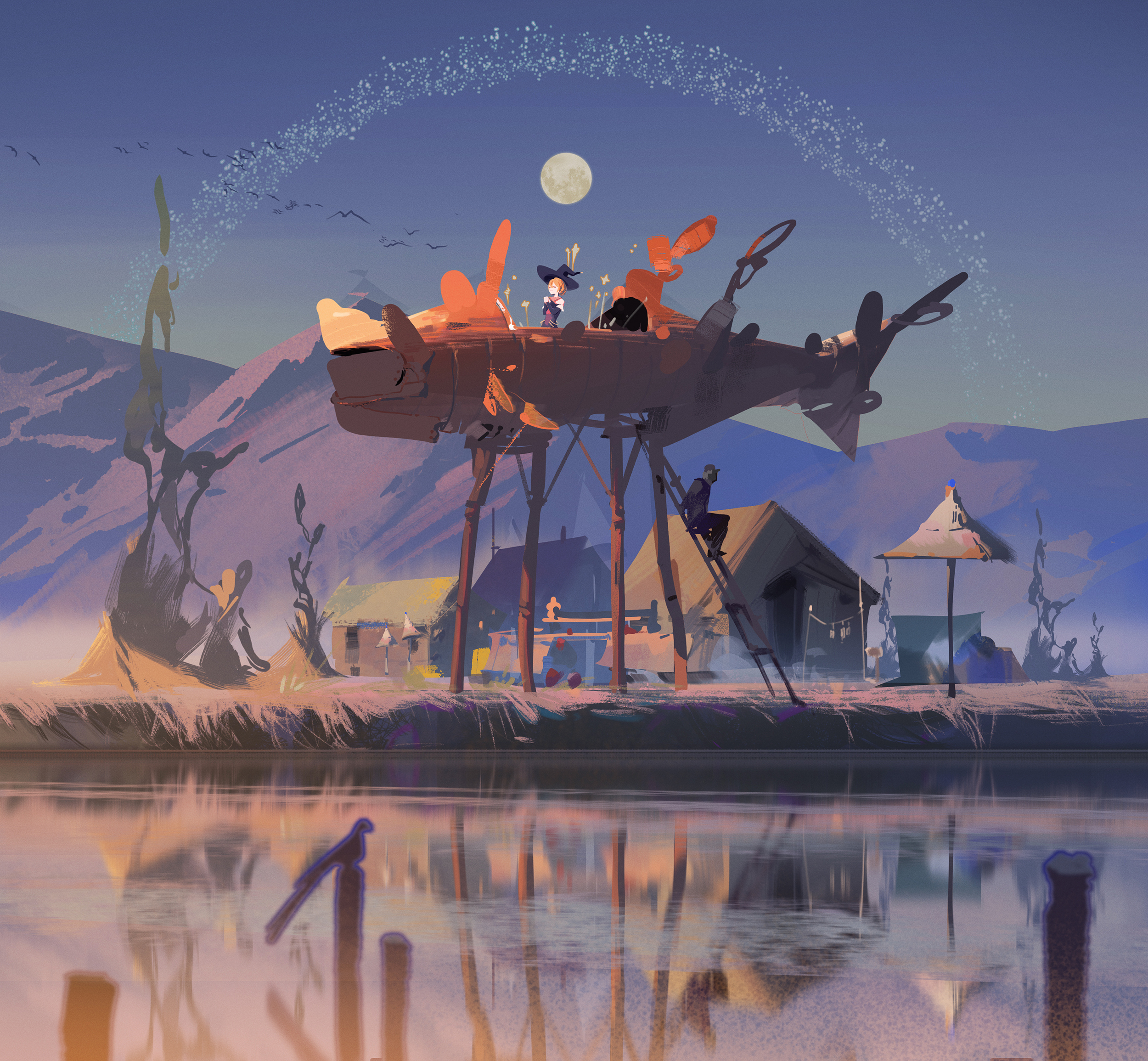 the image depicts a fantastical flying ship hovering above a quaint village nestled beside a tranquil river. the ship, resembling a whimsical blend of wood and metal, is adorned with propellers and perches on tall, spindly legs. two small figures stand atop the ship, silhouetted against the warm glow of the setting sun. below, a solitary figure ascends a ladder leading to the ship's deck, while the village life carries on amidst the backdrop of the serene desert landscape. the soft, warm light of the setting sun bathes the scene in a magical, dreamlike ambiance.