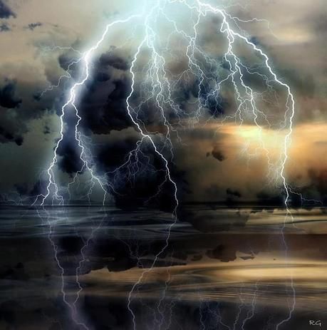 a dramatic image of lightning striking through a stormy sky, reflected in the calm waters below. the clouds are dark and ominous, and the lightning bolts are bright and powerful. the image is full of energy and drama, and it evokes a sense of awe and wonder.