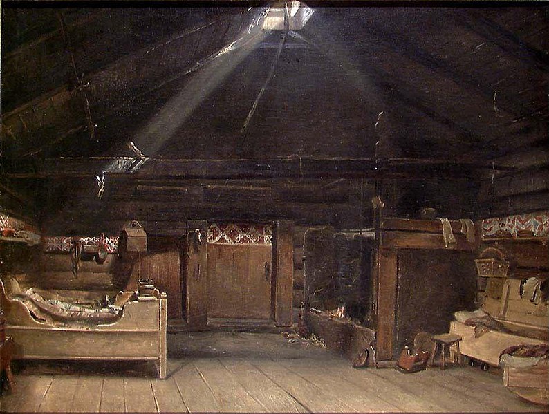 the painting depicts the interior of a rustic log cabin. a beam of light shines down from a window in the ceiling, illuminating the wooden floor. there is a bed on the left side of the room and furniture along the walls. a fire burns in a fireplace in the background. the overall tone of the painting is dark and moody.