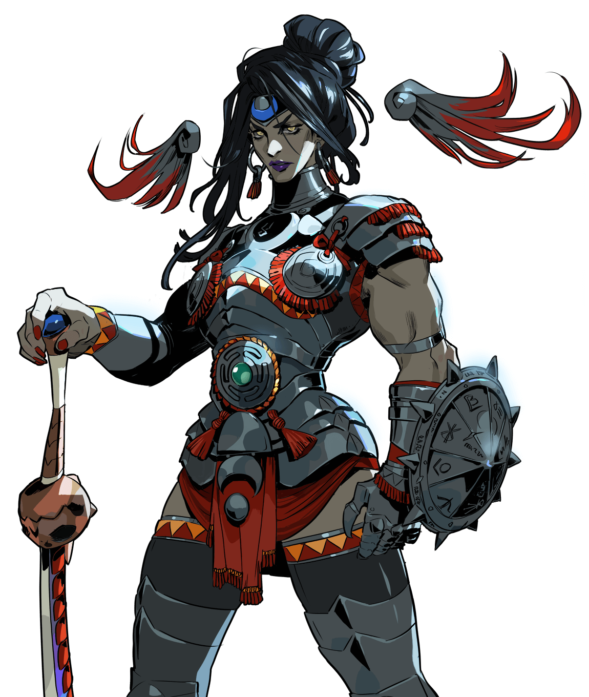 a female warrior stands in a powerful pose, ready for battle. she is clad in ornate armor adorned with crescent moons, and she wields a sword and a shield. her fierce expression and muscular build convey her strength and determination. the illustration is stylized and detailed, with vibrant colors and dynamic lines. the image is reminiscent of a fantasy game character or a mythical warrior from asian folklore.