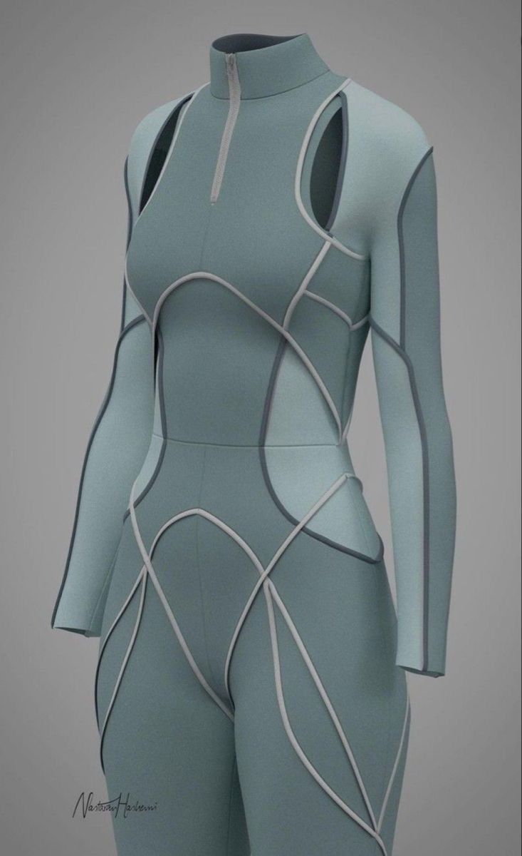the image shows a 3d render of a women's teal jumpsuit. the jumpsuit has a high neck with a zipper, long sleeves, and geometric cutouts and lines. the color is a light, pastel teal or blue. the style is modern and futuristic. the jumpsuit appears to be made of a seamless, possibly stretchy material. the background is a plain, neutral gray.  the render is very clean and high quality. a watermark is visible on the bottom left of the image.