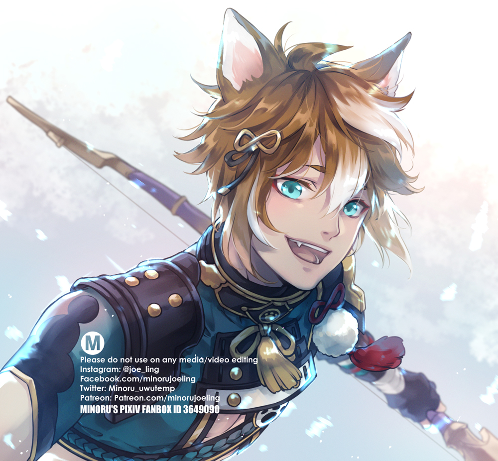 a closeup drawing of a smiling anime character, with fox ears and a white streak in his hair, wearing traditional clothing and a smile. he is holding a bow and arrow, and the background is a snowy forest.