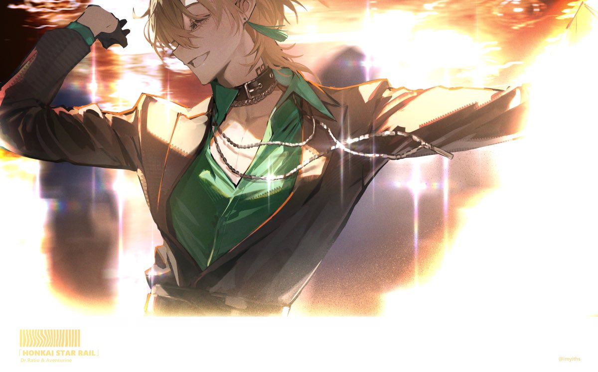 the image is a digital fanart of dan heng from the video game honkai star rail. he is depicted in a dynamic pose, flexing his arm with a confident expression. he is dressed in a green shirt and brown jacket. the background is a vibrant blend of warm orange and yellow hues with shining lens flares, creating an energetic and dramatic effect. the artwork has a stylized and dynamic feel, highlighting the character's personality.  the artist's signature is subtly placed in the bottom right corner. the honkai star rail logo is at the bottom left.