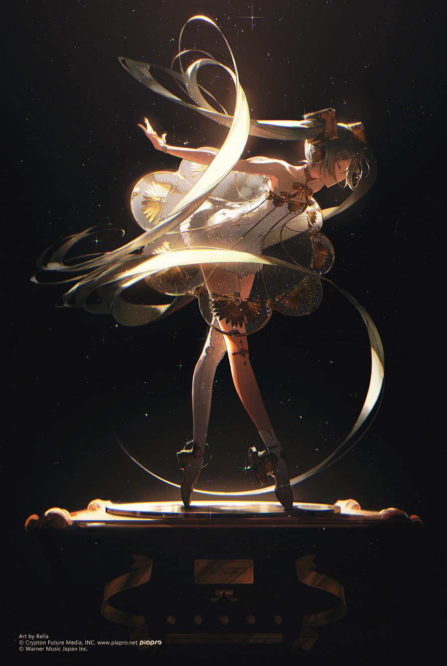 the image features an animestyle girl in a ballerina pose, standing on top of a piano or stagelike platform. she is wearing a lightcolored, ornate dress with decorative elements. ribbons or streamers flow around her, creating a sense of motion and elegance. the background is dark and starry, emphasizing the girl as the central focus. the image also has information about the artist, copyright holders, and related companies at the bottom.