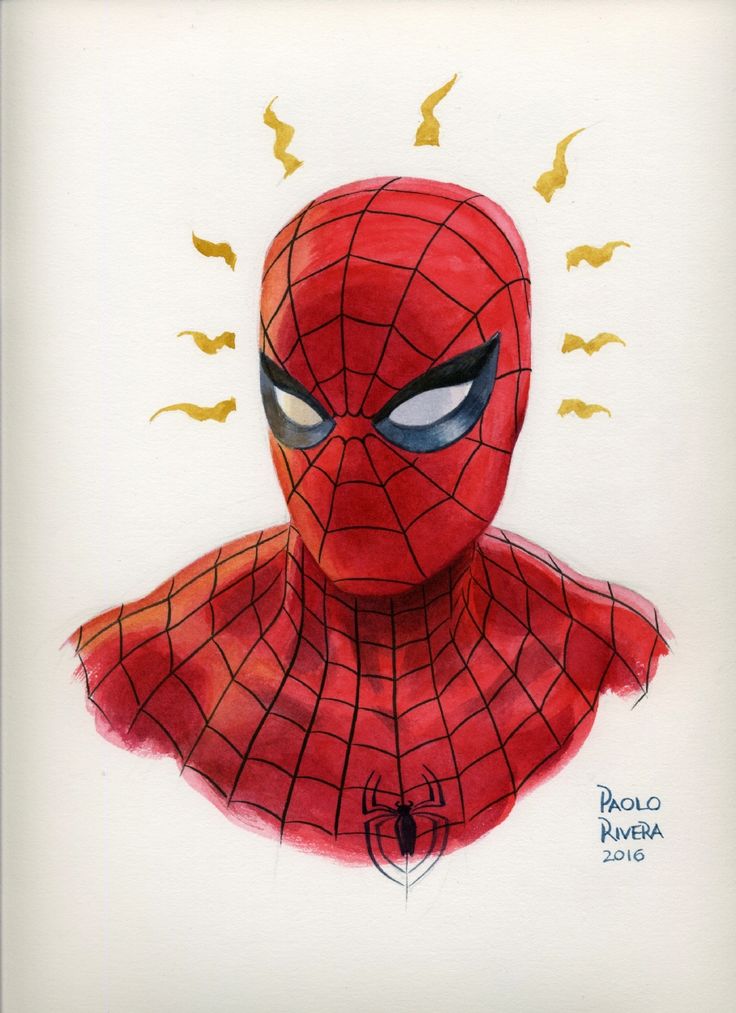 a closeup watercolor painting of spiderman. the painting depicts spiderman's head and chest, with his red and blue suit and iconic black web design. the painting is done in a realistic style, with careful attention to detail, especially the eyes. the painting is framed by golden yellow lightning bolts, suggestive of spiderman's powers.  a signature in the lower right corner reads: "paolo rivera 2016" .