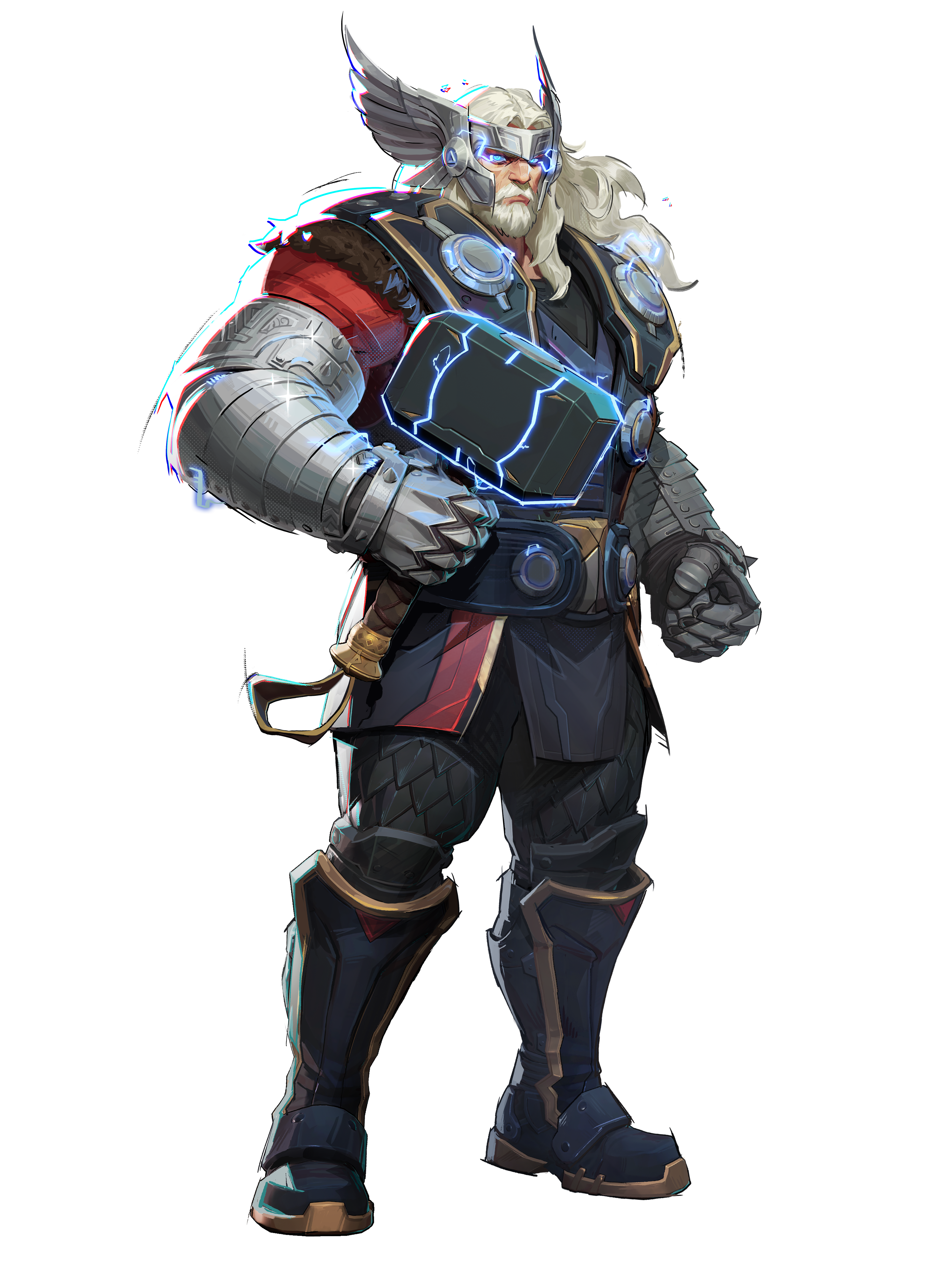 an illustration of thor, a superhero character, in full body view. he is muscular with a white beard, wearing armor, a helmet with wings, and holding his hammer, mjolnir. the background is black.