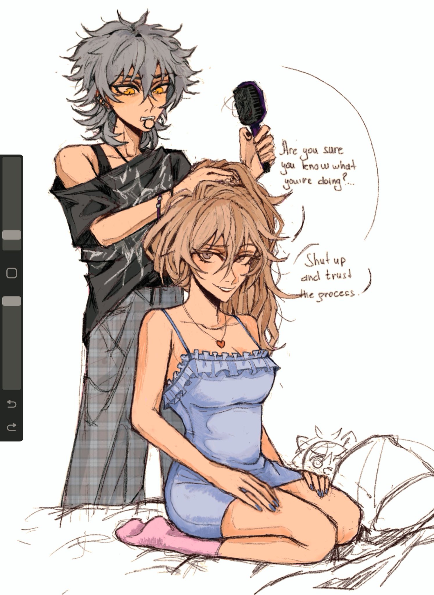 the image is a digital drawing in an anime style depicting two characters: a person with grey hair who appears to be styling the hair of another person with long light brown hair. the person with grey hair is holding a hairbrush and has a slightly mischievous expression. the person with long brown hair is sitting on a bed in a light blue nightgown, looking at the person styling their hair with a calm expression.  speech bubbles show a dialogue between them, with one expressing doubt about the hair styling process and the other telling them to trust it. the art style is slightly rough and sketchy, yet it conveys a feeling of casual intimacy. a small, partially visible creature seems to be partially hidden behind a pillow in the background. the overall atmosphere is lighthearted and playful.