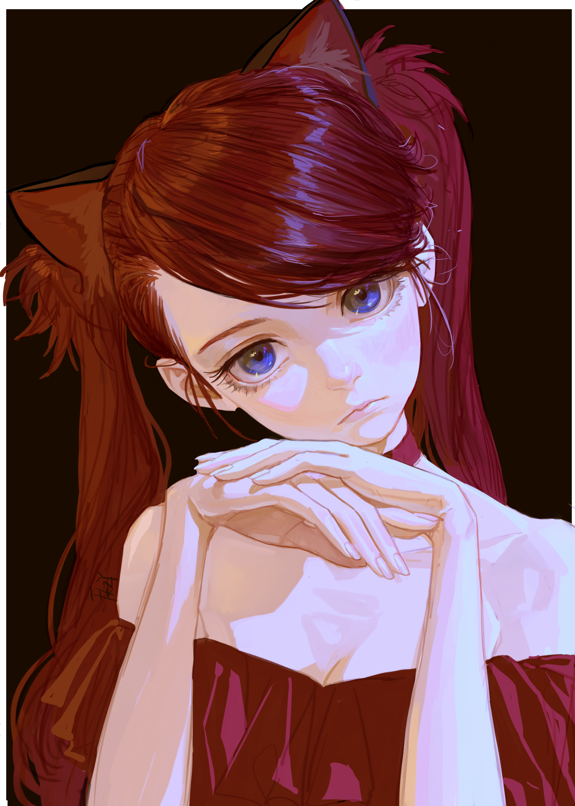 an anime girl with red hair in pigtails and blue eyes rests her chin on her hands. she's wearing a red dress and has cat ears. the background is dark.