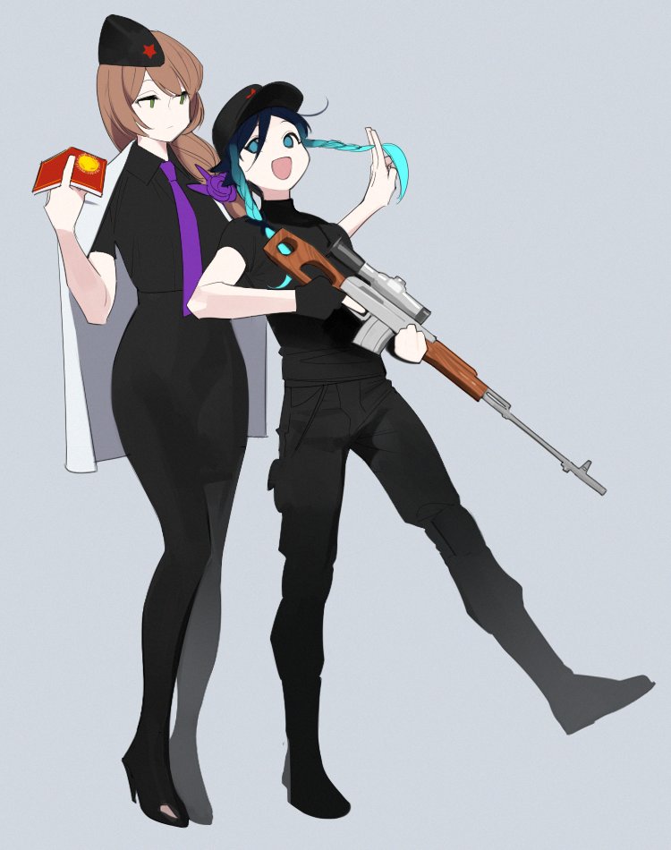 the illustration depicts two animestyle girls in stylized soviet militaryinspired uniforms. the girl on the left wears a dress uniform with a red star cap and holds up a red book, possibly symbolizing communist ideology. the girl on the right is dressed in a more tactical outfit with a sniper rifle, embodying a soldier role. both characters have cheerful expressions, creating a contrast between the serious subject matter and lighthearted presentation. the background is a plain light gray.