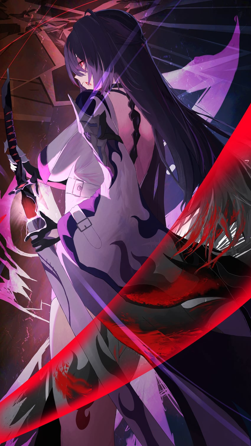 a female anime character with long black hair and red eyes stands in a dark, abstract environment. she is wearing a revealing white and purple outfit with armor accents and is holding a katana with a red glowing blade. the image is dramatically lit, with contrasting light and shadows, giving it a dynamic and intense feel. the perspective is from the side, showcasing the character's profile and her powerful stance.
