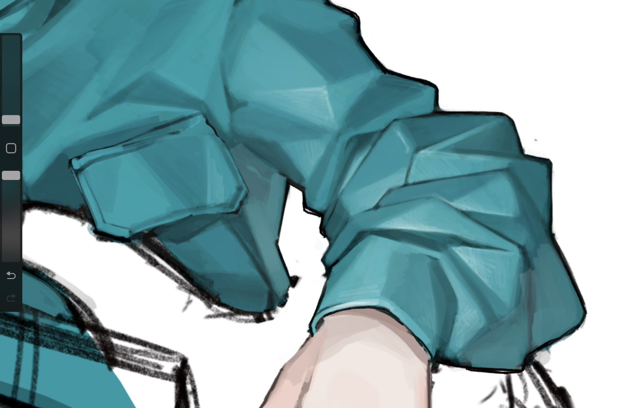 the image is a digital painting or illustration focusing on a closeup of a character's arm and a portion of their teal jacket. the jacket is depicted with a highly stylized, almost geometric rendering of folds and creases in the fabric, giving it a textured and somewhat angular appearance. the style leans towards anime or manga aesthetics.  the color palette is dominated by shades of teal. the hand is partially visible, showing lighter skin tones in contrast with the dark teal clothing.  the background is largely white, drawing focus to the character's arm and jacket. the overall feel is a fashionfocused illustration, possibly part of a larger piece of character design work.  the image shows brush strokes and texture indicative of a digital painting process.