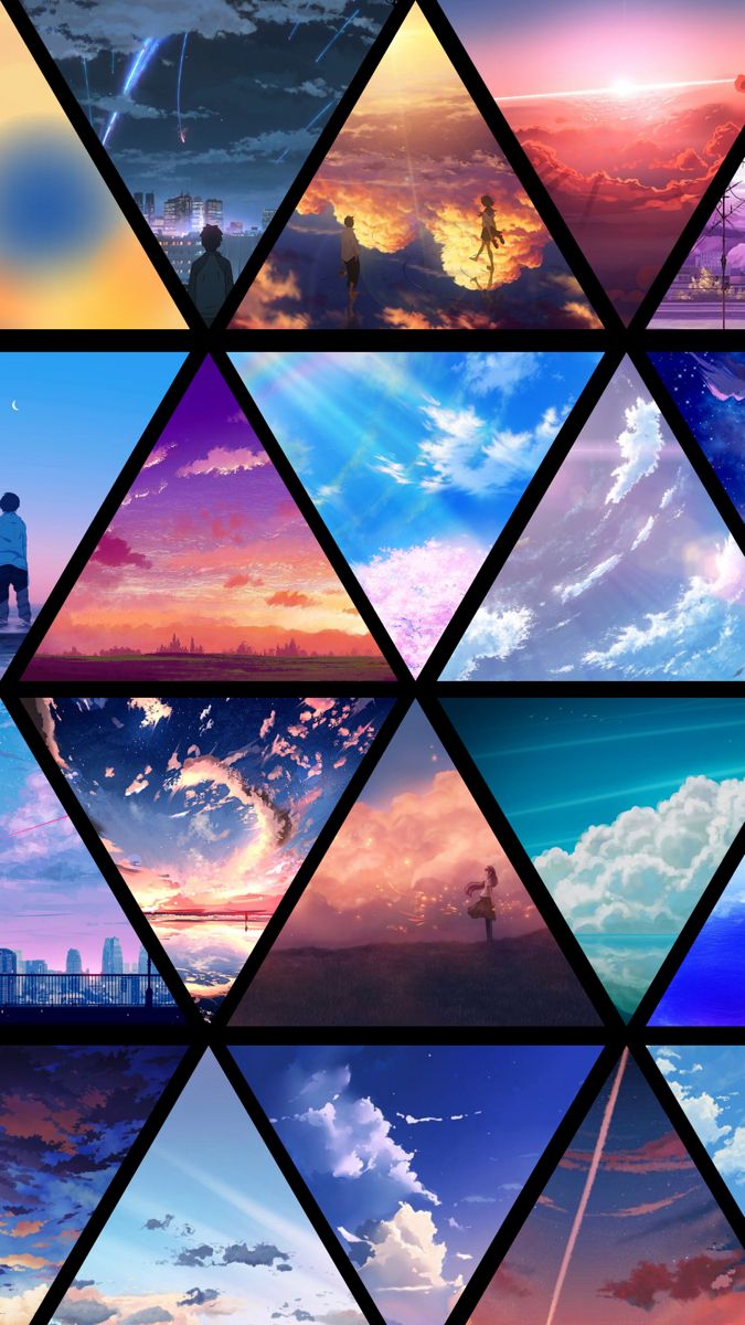 this image is a digital illustration of a colorful sky with clouds, sunsets, and cityscapes. the image is in a triangular pattern, and is very aesthetically pleasing.