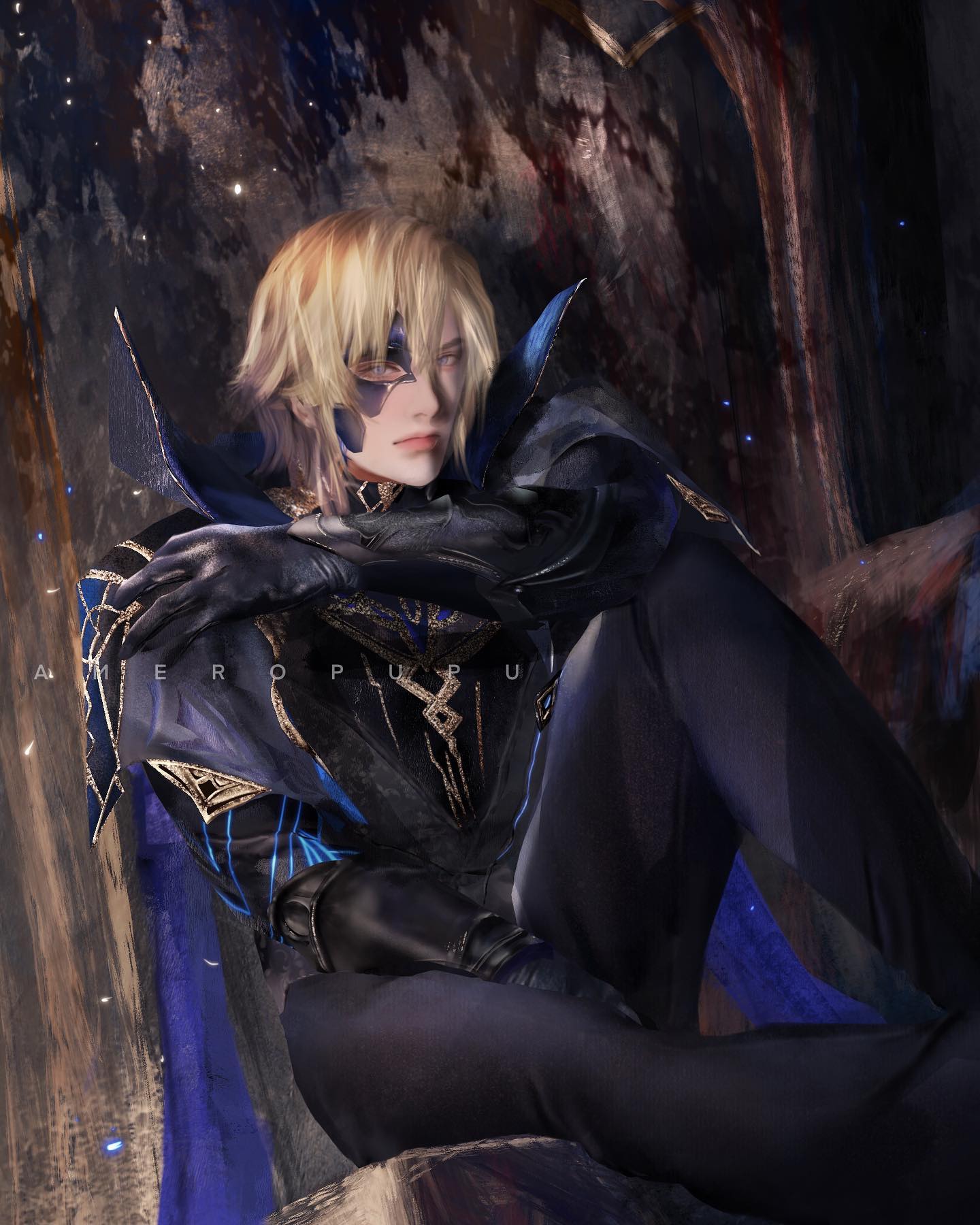 the image is a highquality cosplay photograph of a male character, possibly from a video game or anime, dressed in an elaborate, darkcolored fantasy costume.  the costume features gold detailing, blue accents, and a flowing cape.  the cosplayer has blond hair and appears to have a stylized eye design. they are seated on what looks like a dark throne or rock formation, against a backdrop of a textured, dark background. the lighting and overall aesthetic create a dramatic and mysterious mood. the detail in the costume and the photography are excellent, highlighting the artistry of the cosplay.