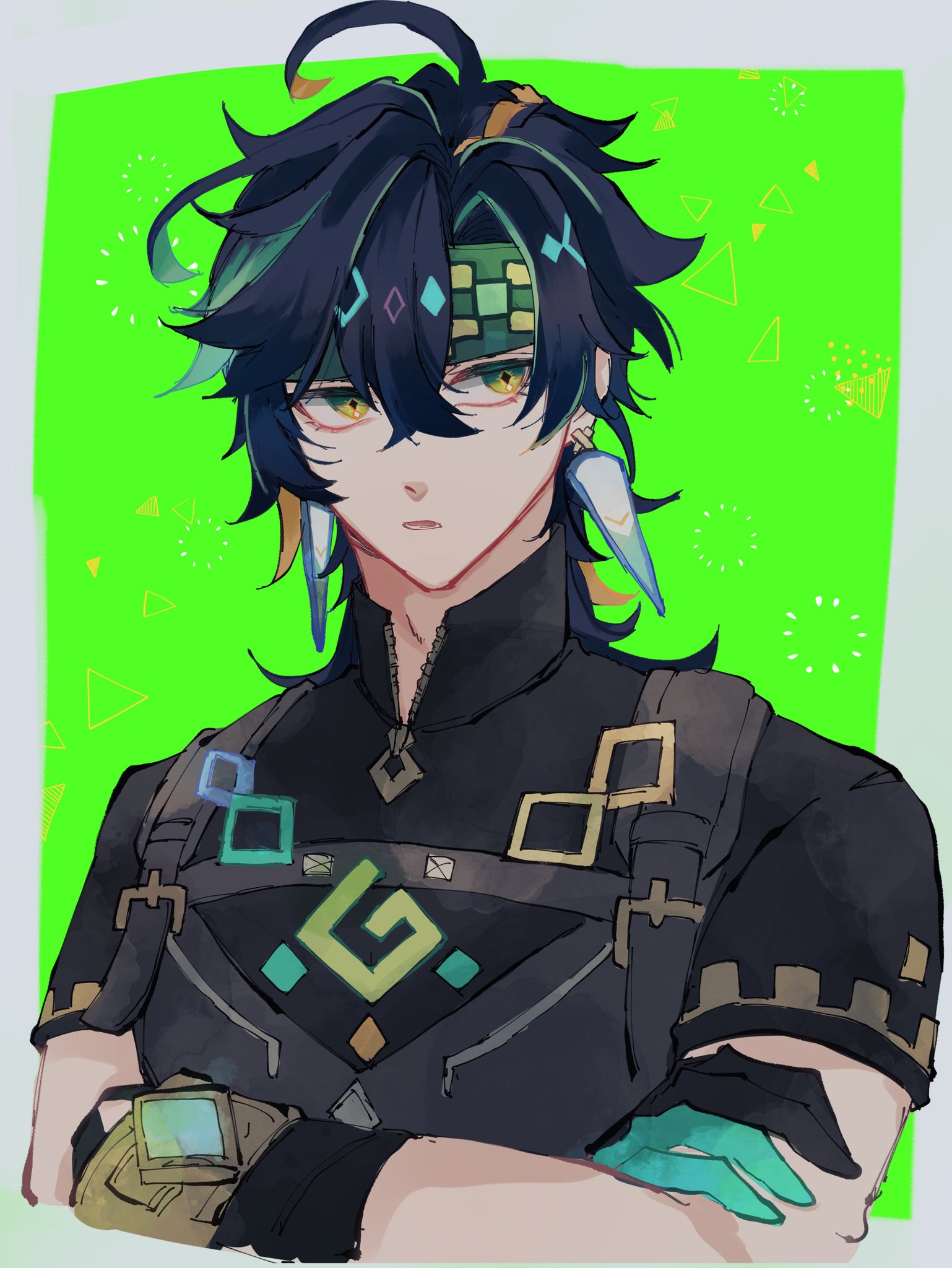 this digital illustration portrays an animestyle male character. with dark blue hair and bright green eyes, he is dressed in a darkcolored outfit, featuring a layered green shirt and pants. his attire is further complemented by a distinct green and brown belt that wraps around his waist. he is posing with a serious expression, his arms crossed, and a slightly upward glance, creating a dynamic and intriguing visual. the image has a simple background, likely green, allowing the character to stand out.