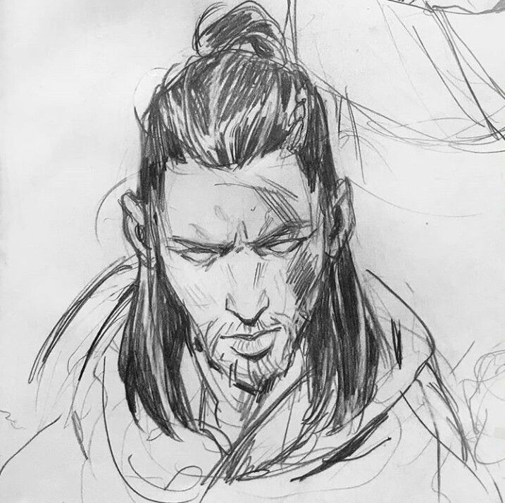 the image is a pencil sketch of a man's head and shoulders. he has long, dark hair tied up in a topknot or bun, and his expression is serious and intense. the artist has used shading to create depth and highlight the man's facial features, including stubble on his chin and jawline. he appears to be wearing a hooded garment. the style is reminiscent of concept art or character design, potentially for a warrior or samurailike character.  the sketch shows visible pencil strokes and lines indicating the process of creation.