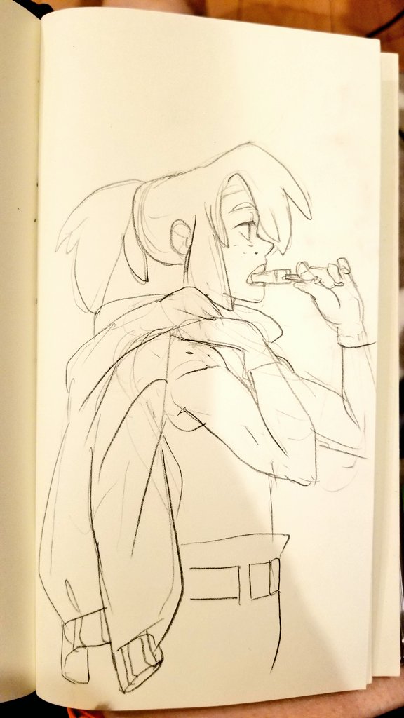 a handdrawn illustration of an anime girl holding a toothbrush in her mouth, ready to brush her teeth. she's got long hair in a ponytail, is wearing a jacket and pants, and is smiling. the drawing is done in pencil on paper, with a simple yet detailed style.