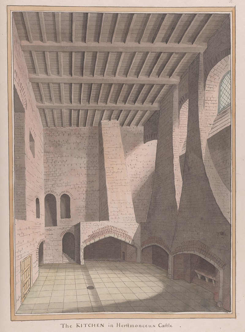 the image is a historical illustration of the kitchen at herstmonceux castle. the interior features brick walls, multiple archways leading to fireplaces, and a timber ceiling. the architectural drawing showcases stonework, windows, and various interior details of the large room.
