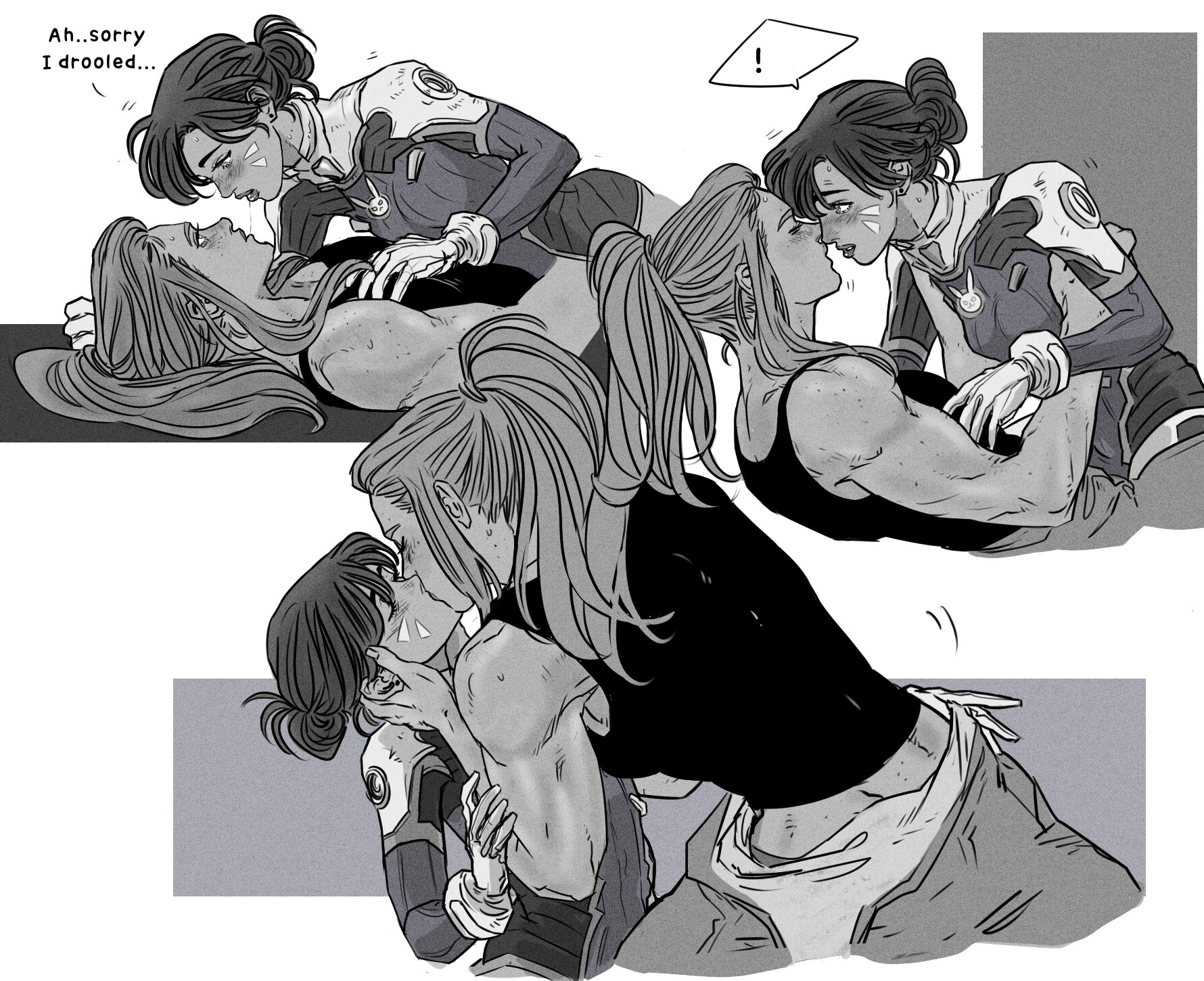 the image is a black and white fan art illustration depicting two female characters from the overwatch video game, d.va and zarya, in three different scenes where they are kissing or embracing. in the top left, d.va is leaning over zarya who is lying down. in the top right, d.va is sitting on zarya's lap and they are kissing. in the bottom, d.va is embracing zarya who is wearing a tank top and apron and they are kissing.