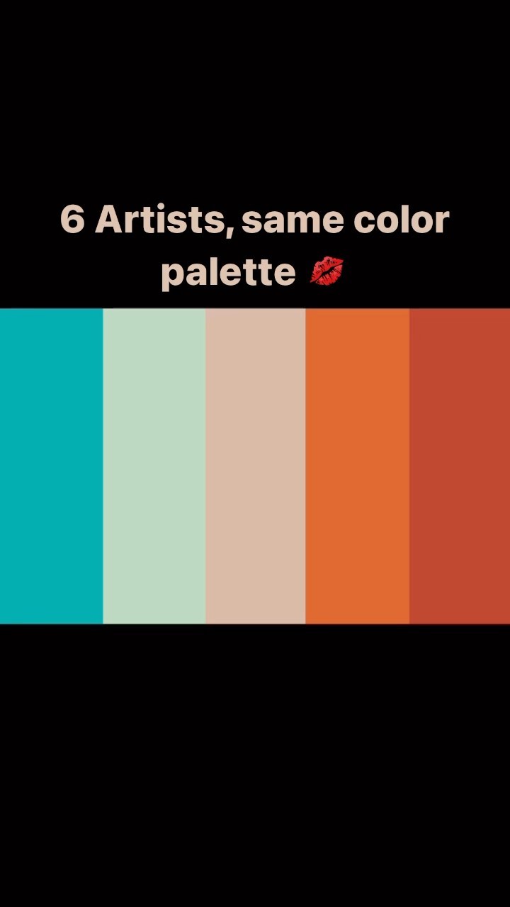 the image shows a color palette with five colors: teal, mint green, beige, orange, and burnt orange.  text at the top states "6 artists, same color palette," implying that six different artists might use this color scheme in their work.  the image is predominantly dark, with the color palette section standing out brightly against the black background.