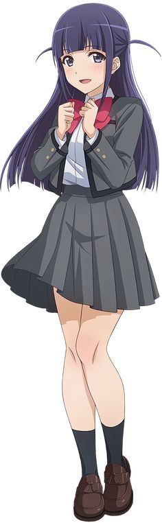 a young anime girl with dark purple hair is dressed in a private school uniform. she's wearing a gray pleated skirt, a white buttondown shirt, a dark gray blazer with a red bow, black socks, and brown loafers.  she has a sweet, happy expression on her face.