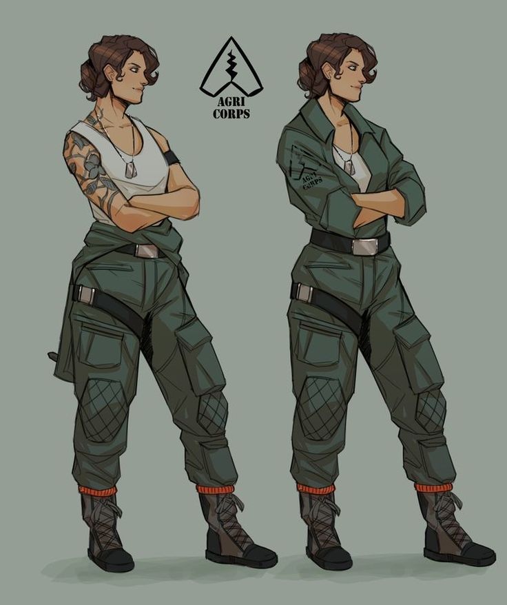 the image shows a character sheet featuring a female character in a stylized military uniform. she's depicted in two poses, both with arms crossed. her uniform is predominantly olive green with reinforced knee pads,  tactical pockets, and a belt. she's wearing combat boots, and orange socks are peeking from under the boots. she also sports a dog tag, visible in one pose, and has tattoos on her left arm. a logo for "agri corps" is displayed in the center above her. the art style is clean and detailed, typical of character design for games or animation.  the overall tone is serious and slightly gritty.
