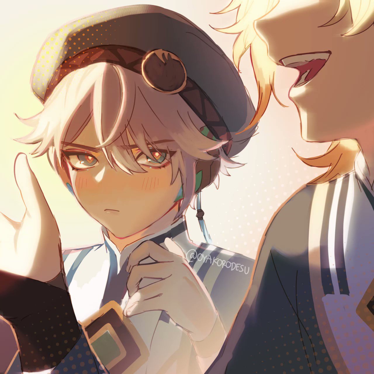 this is a digital drawing of two anime characters. the character on the left, albedo, is a whitehaired boy with a green eye, wearing a blue, white, and gold outfit. he's looking to the right and smiling. the character on the right, itto, is a blond boy wearing a white and blue outfit. he's laughing and looking toward the left. the background of the image is a white and yellow blur, making it look like a sunny day.