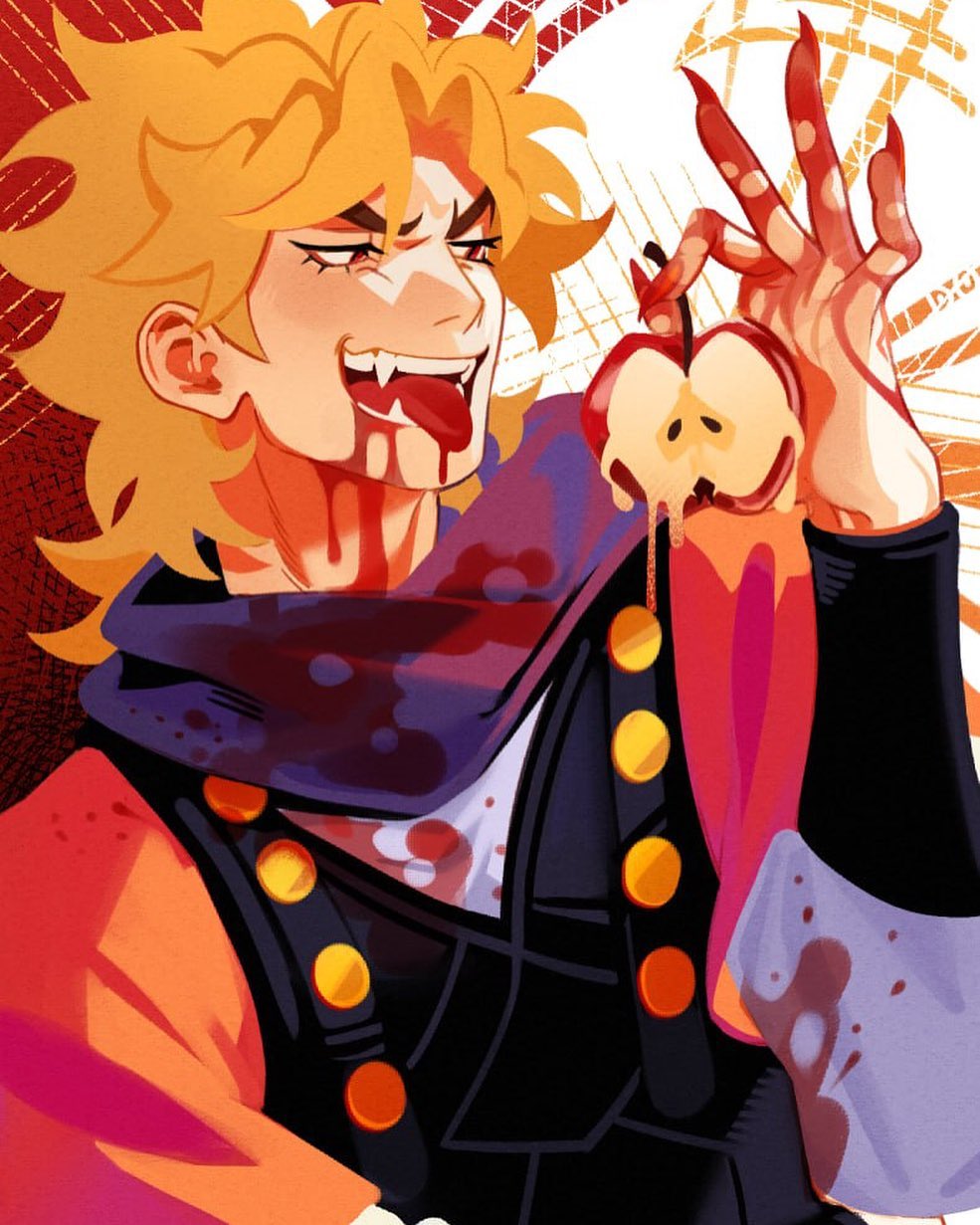 the image is a piece of vibrant fanart depicting dio brando from jojo's bizarre adventure. he is rendered in a stylized, almost painterly digital art style.  dio has his signature blond hair, sharp features, and fangs. he is covered in blood, holding a dripping apple in one hand, with a wicked smirk on his face.  his clothing is predominantly orange and black, with noticeable gold buttons on his jacket. the background is a mix of red and white lines suggesting a chaotic or energetic setting. the overall tone is dark, yet playful, highlighting dio's villainous nature with a hint of theatrical flair.