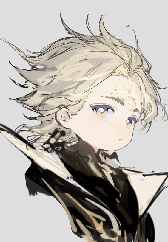 a digital drawing of a young animestyle character with flowing blonde hair and large, expressive golden eyes. the character, likely male, has delicate features and a gentle expression. he wears an elaborate black and gold fantasy costume, hinting at a magical or ethereal nature. the artwork is presented as a closeup portrait, emphasizing the character's captivating gaze and intricate details of his attire. the soft lighting enhances the overall delicate and dreamlike atmosphere of the piece.