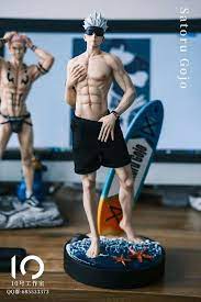 loseup view of a meticulously detailed figurine of satoru gojo from jujutsu kaisen. the figurine depicts gojo with a muscular physique, sunglasses, and black shorts, standing on a surfboard amidst stylized ocean waves.  another, less detailed figurine of a different character is partially visible in the background. the base of gojo's figurine is dark and textured to mimic a beach or ocean setting.  the background includes a blurredout image suggesting a beach or seaside setting. the word "satoru gojo" is prominently displayed on a surface in the background. the overall aesthetic is highquality and artistic.