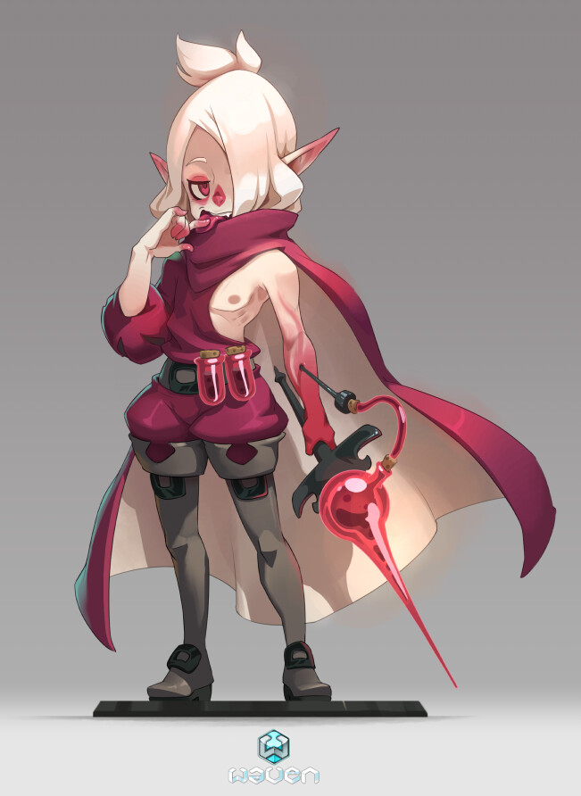 this is an illustration of an anime character. the character is a female elf, she has long, white, blonde hair with a crimson red cloak. she is holding a large, pointy, sharp weapon with a red potion bottle at the end of the handle.  she is looking at the weapon with a serious expression on her face. the character is drawn in a colorful anime style and looks like she could be a powerful magician.
