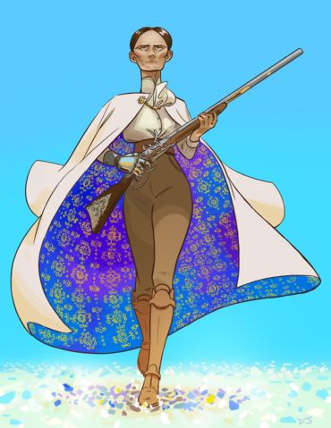 the illustration depicts a strong, confident woman striding forward. she's dressed in a long, flowing offwhite cape adorned with a vibrant blue and purple floral pattern. underneath, she wears brown pants and boots, with what looks like armored elements at her wrists and shins, giving a hint of steampunk or historical fantasy.  she holds a long, antiquelooking rifle or musket, held firmly in her grasp. the background is a simple, light blue sky with a scattering of colorful confettilike elements at her feet, suggesting a sense of movement or progress. the overall style of the art is elegant and detailed, with a focus on capturing the character's power and determination.