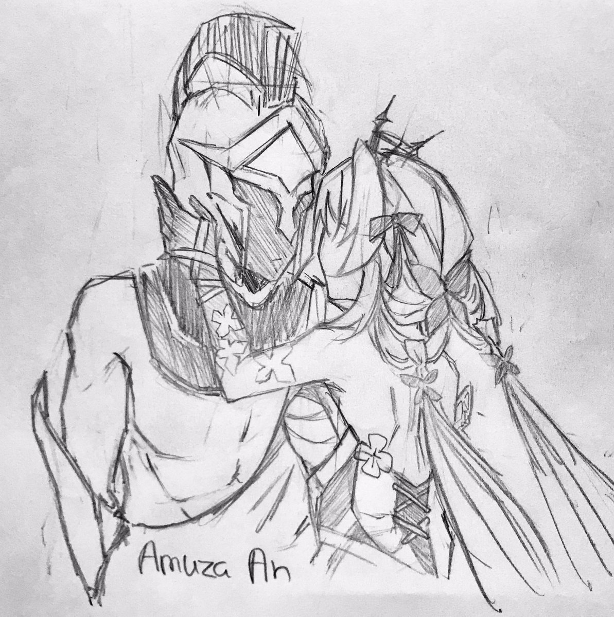a pencil sketch of a couple embracing. the male figure is wearing a helmet, and the female has long braids and hair ornaments.