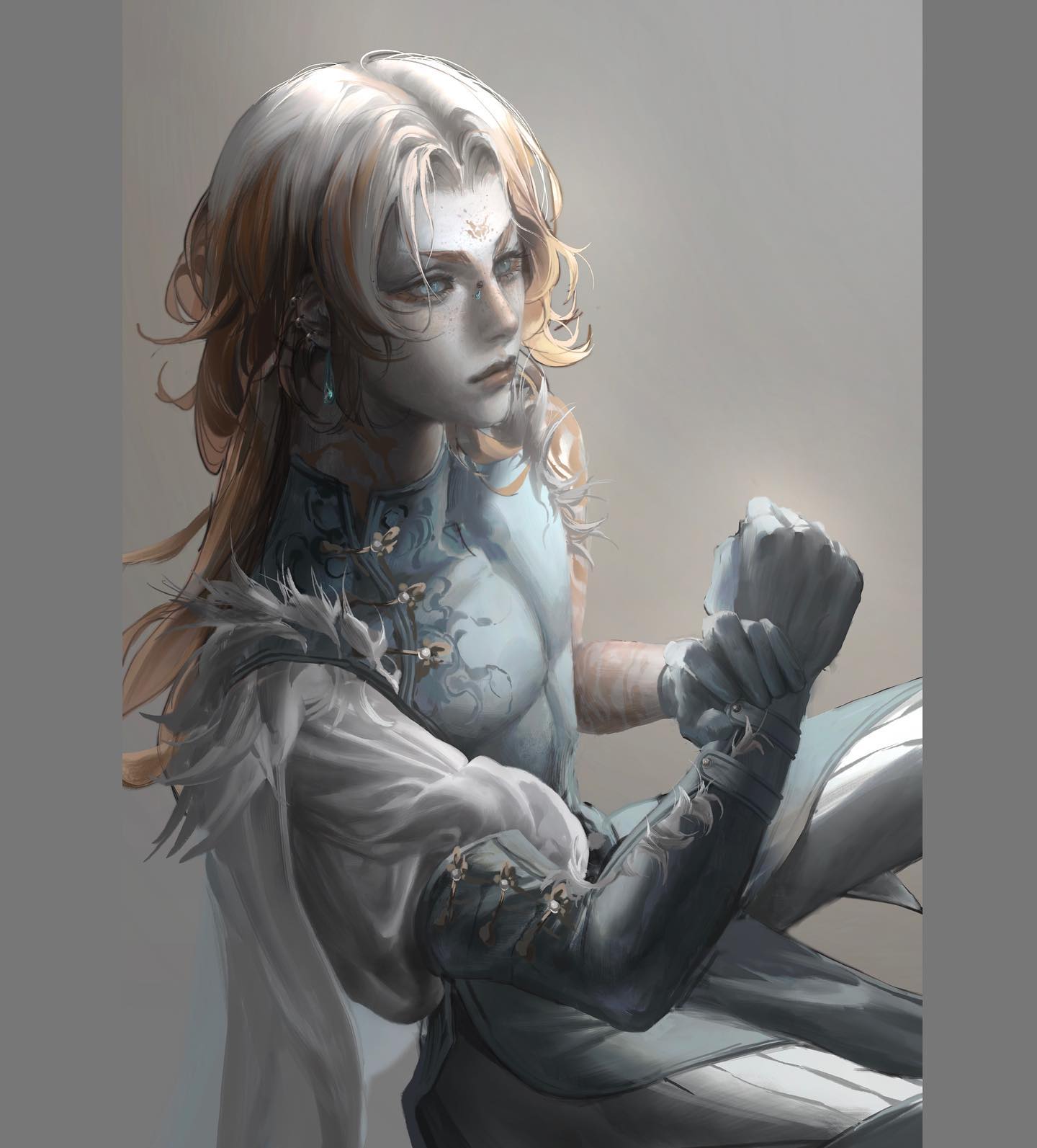 a portrait of a fantasy warrior with white hair, wearing a white and blue suit with armored gloves.  they have a delicate and graceful pose with a slight tilt of the head down. the background is a light grey.  the warrior's appearance suggests an air of power and regality.