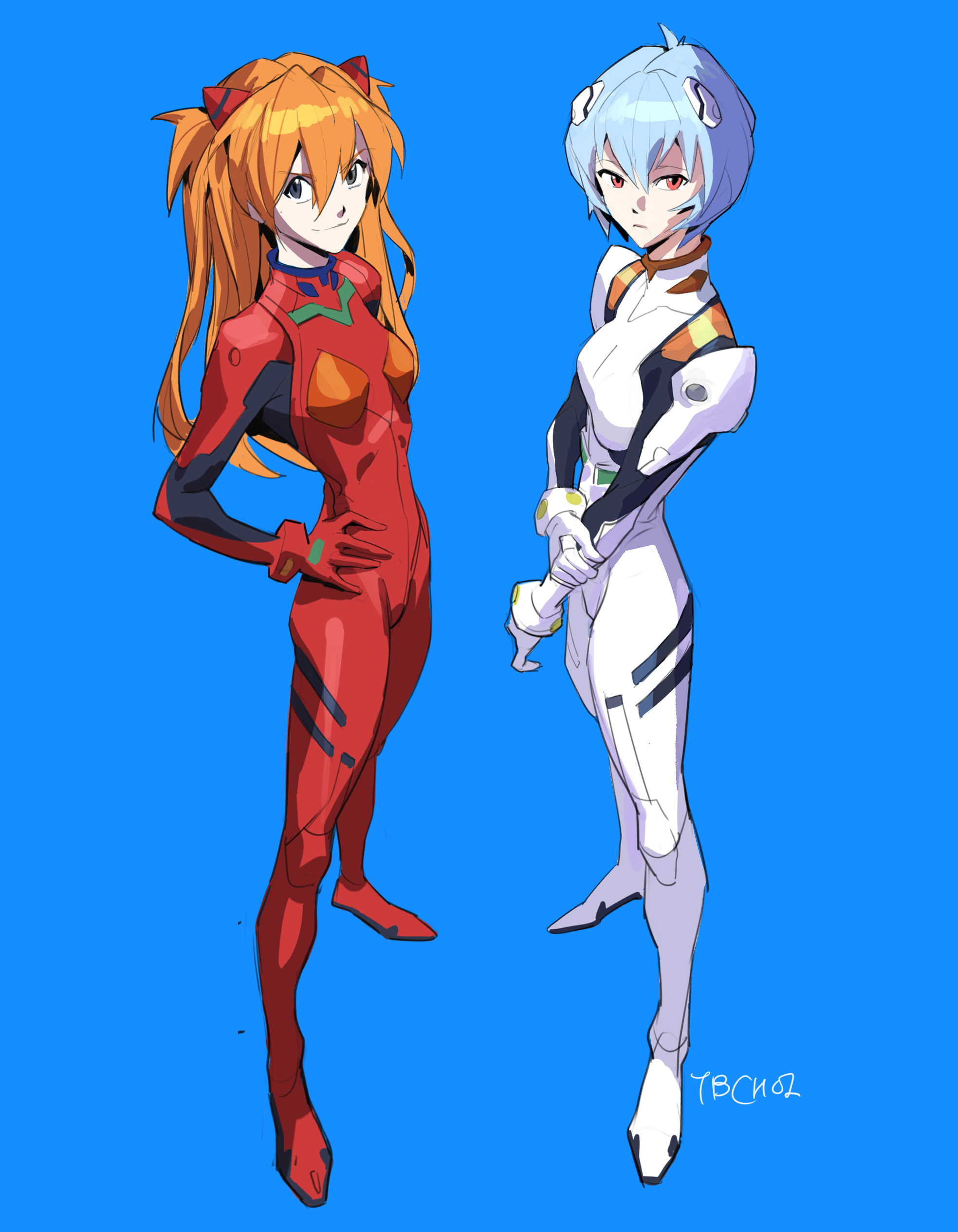 the image is a stylized digital fanart depicting two main female characters from the anime and manga series neon genesis evangelion: rei ayanami and asuka langley soryu.  rei is shown on the right in her characteristic white plugsuit, standing in a poised yet slightly guarded pose. asuka is depicted on the left, wearing her iconic red plugsuit and exhibiting a more confident, almost defiant stance.  both characters are rendered in a dynamic, slightly exaggerated style with sharp lines and bold coloring. the bright blue background contrasts sharply with their outfits, making them stand out prominently.  the art style seems inspired by contemporary anime and manga trends, featuring clear linework and a balanced color scheme. the artist's signature is subtly placed in the bottom right corner.