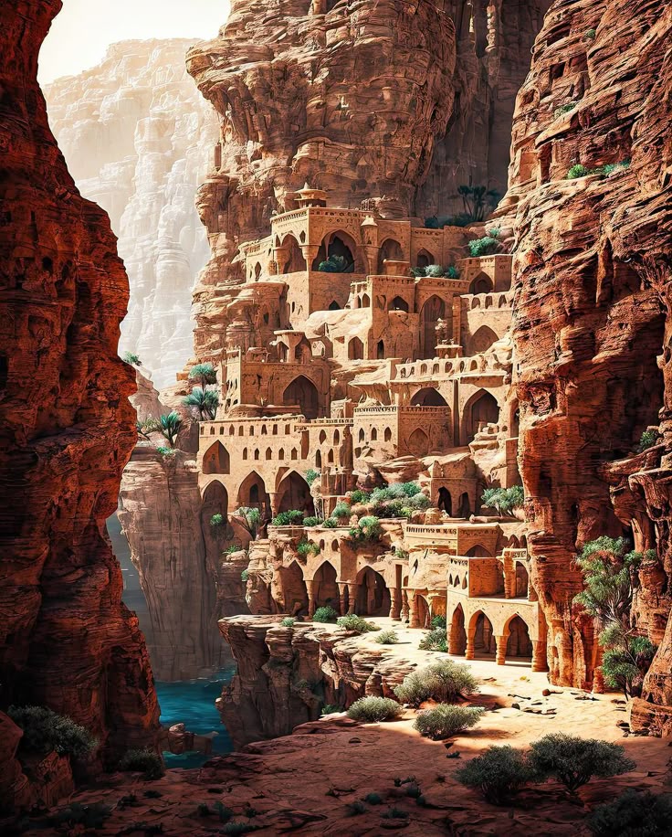 the image showcases an ancient city built into the side of a canyon. the architecture is primarily made of sandstone and features numerous arches and buildings constructed into the cliffside. the landscape is arid and mountainous, typical of a desert environment. a river or body of water is visible at the base of the canyon. the overall scene suggests a historical site, likely in the middle east, possibly petra in jordan.