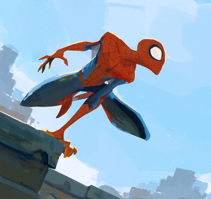 this is a digital painting of spiderman swinging through a city. the art style is dynamic and actionpacked. spiderman is drawn in a vibrant red and blue color scheme. he's in midair, swinging from a web, with a determined expression on his face. the background is a bright blue sky with a cityscape in the distance.