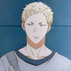 the image features a closeup depiction of an animestyle male character. he possesses short, spiky blonde hair and striking blue eyes. the character sports a casual grey shirt and a black backpack strap slung over his shoulder. he also has earrings in both ears. the backdrop is a simple blue wall, and the lighting is soft, creating a gentle and approachable ambiance.