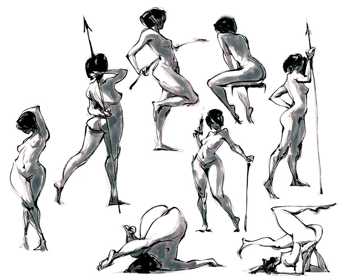 he image contains multiple dynamic figure drawings of female nude models in various poses. the style is expressive and gestural, prioritizing movement and form over precise detail.  the drawings are done in a loose, sketchy style using shades of gray and black, suggesting the use of charcoal, ink, or a similar medium.  the poses range from standing and seated to more contorted and active positions, indicating a focus on capturing the energy and fluidity of the human body.  some figures hold props like spears and canes, adding to the complexity and interest of the composition. the overall effect is a lively and energetic collection of figure studies that showcase a strong understanding of human anatomy and movement.