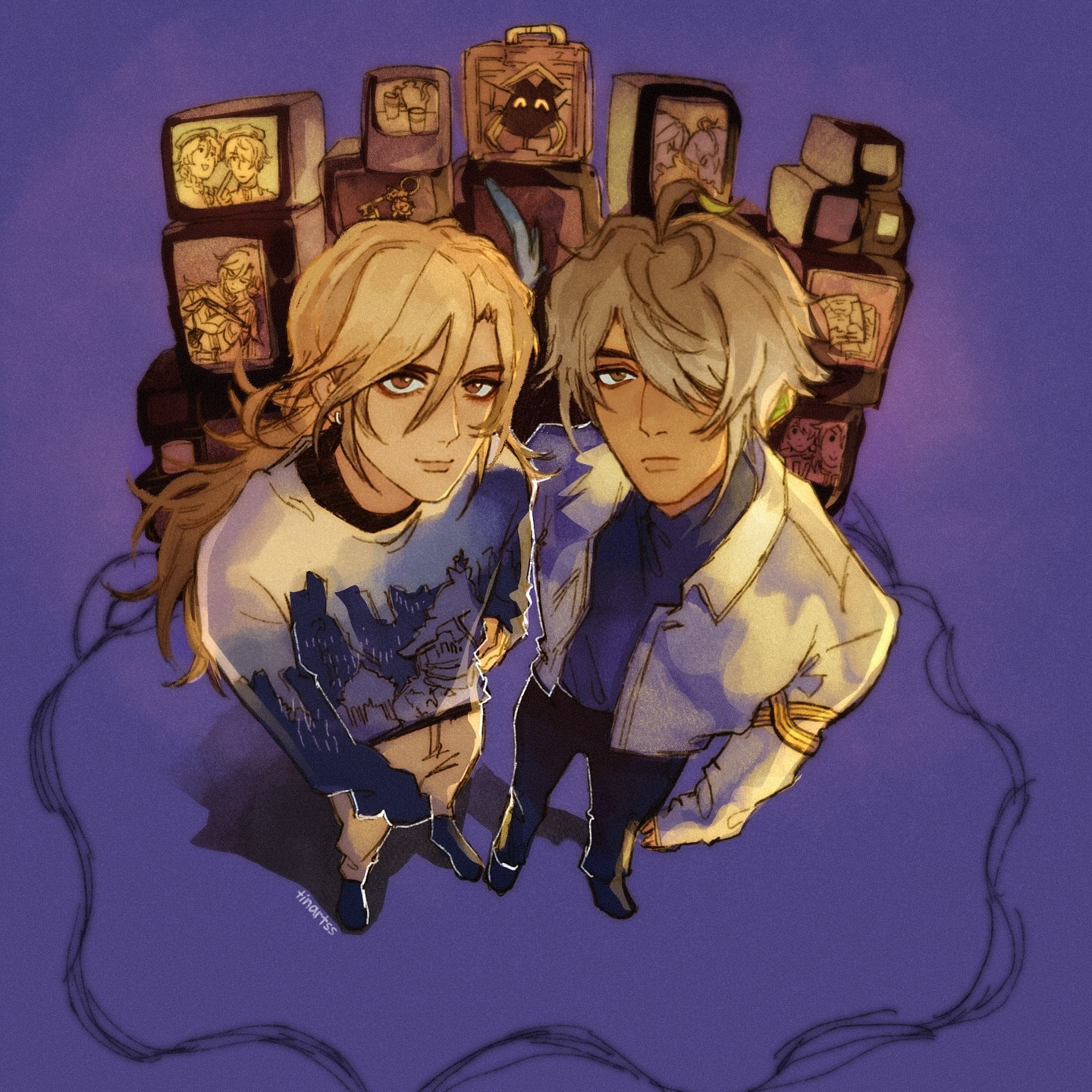 the image is a digital fanart depicting two young male characters, one with blonde hair and the other with silver hair. they're dressed in casual clothing and are positioned from a slightly elevated bird'seye perspective, looking down at the viewer.  they're standing in front of a stack of vintage television sets displaying various scenes, creating a nostalgic and retro feel.  the background is a soft purple, and the overall style is stylized, reminiscent of anime or manga, with a slightly painterly texture. the characters appear to have a close friendship or partnership. the overall mood is friendly and nostalgic.