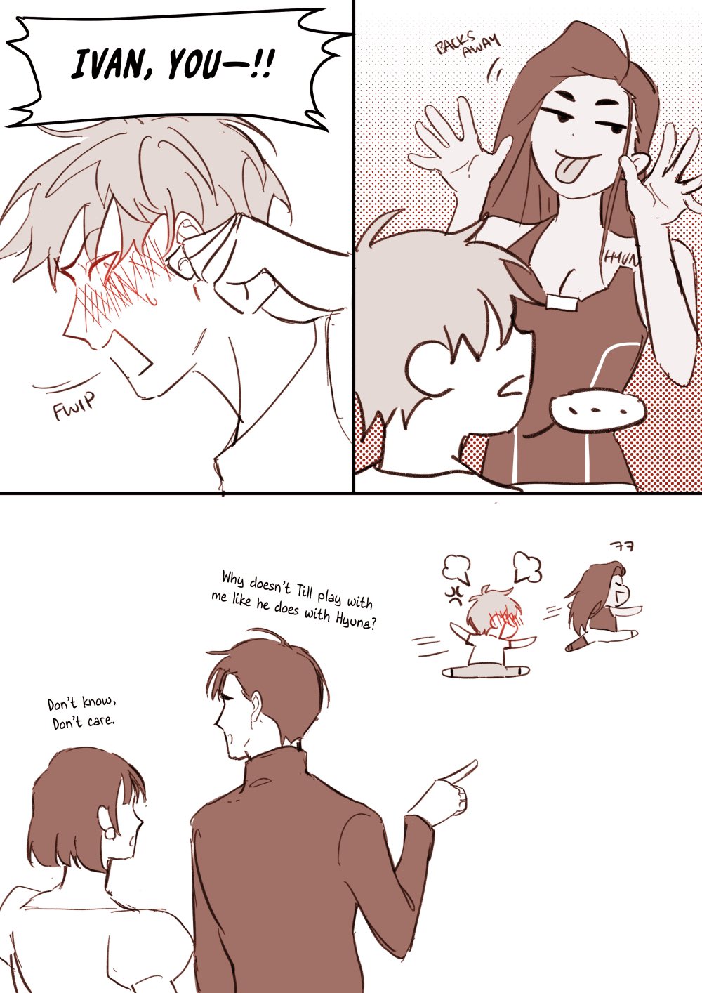 the manga is about a couple. the boy in the first panel is blushing. he looks very embarrassed. the girl in the second panel is laughing at the boy, and she is happy and excited. the final panel shows the boy and girl together. they are a couple.  the girl is happy with the boy. the boy is still blushing and is a little embarrassed. the art style is cute and simple.