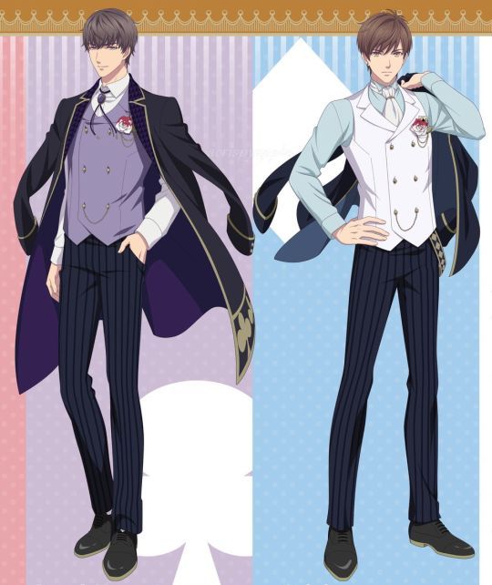an illustration of two anime boys dressed in formal wear with a purple and blue background, standing on either side of a dividing line, holding a jacket and smiling, both dressed in pinstriped pants and vests. the boy on the left is wearing a purple vest with a black tie and has his hand in his pocket, and the boy on the right is wearing a white vest and blue patterned shirt.