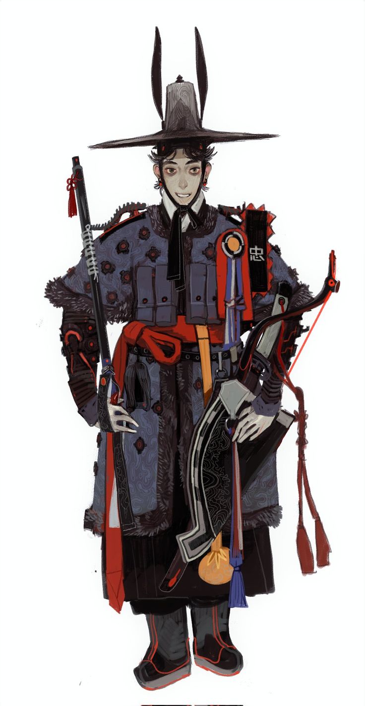 this is a digital illustration of a character in a stylized pose, possibly from an anime or manga.  he is dressed in a ornate, traditional japanese or chinese costume with a black hat, a red robe, and lots of intricate details. the character holds a bow in his right hand and what appears to be a gun with a sword in his left hand.  the background is plain white.